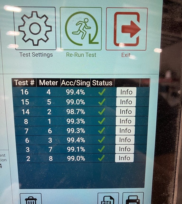 Seed meter test results on the Blue Equipment test stand: every meter between 98.7 and 99.4 percent accurate