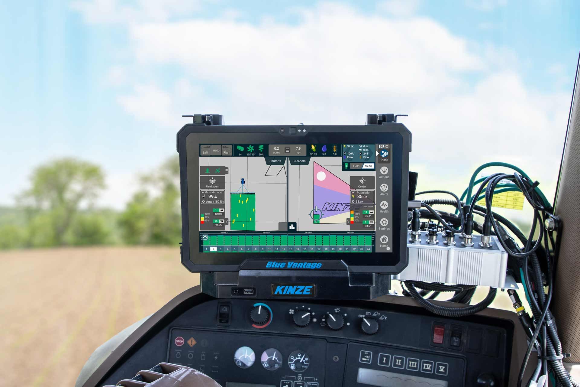 The Kinze Blue Vantage display in a tractor cab